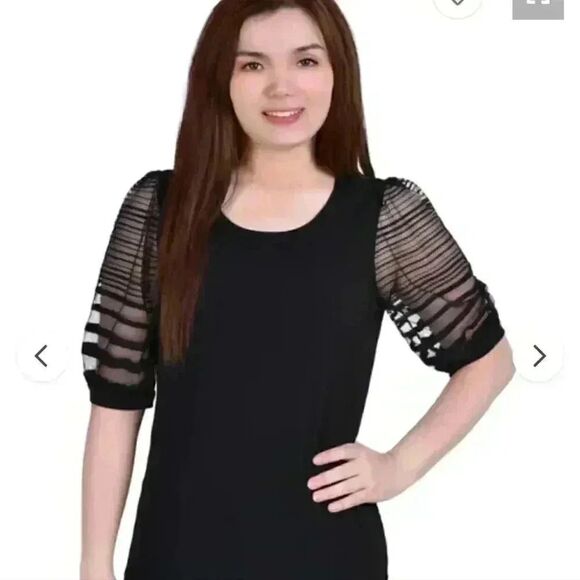 NY Collection Women's Black Poly/Spandex Knit Lace Half Length Sleeve Top EUC - Picture 3 of 12